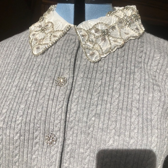 Adrianna Papell NWT Size L Heather Grey Long Sleeve Cardigan with Beaded Collar - Picture 7 of 11